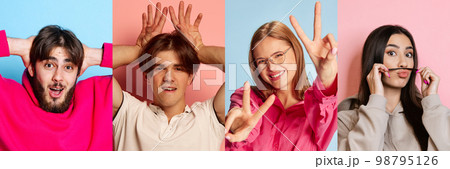 Collage of ethnically diverse happy excited young people having fun, grimacing over multicolored background. Concept of happiness, delight, facial expression Collage of ethnically diverse happy excited young people having fun, grimacing over multicolored background. Concept of happiness, delight, facial expression 98795126