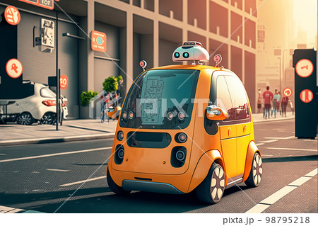 Small yellow robot taxi rides along big city street. Artificial intelligence controls the car. Generative AI illustration Small yellow robot taxi rides along big city street. Artificial intelligence controls the car. Generative AI illustration 98795218