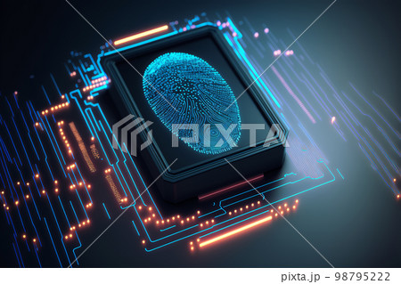 Biometrics identification and cyber security concept. Glowing neon fingerprint on dark background. Generative AI illustration. Biometrics identification and cyber security concept. Glowing neon fingerprint on dark background. Generative AI illustration. 98795222