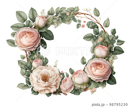 Watercolor floral frame wreath from ivory pastel roses. Generative AI illustration 98795230