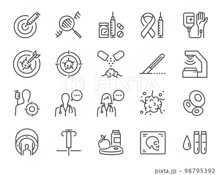 Oncology icon set. Included the icons as cancer, treatment, radiation therapy, targeted therapy, medical, and more. 98795392
