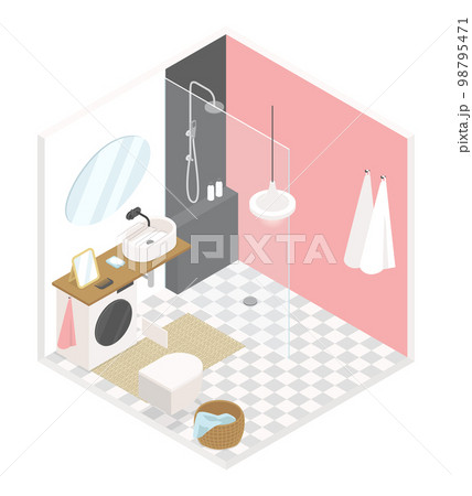 Bathroom for a girl - modern vector colorful isometric illustration 98795471
