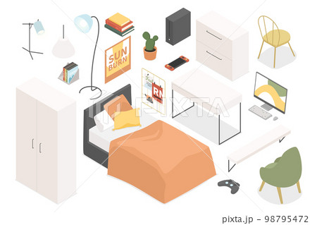Student dormitory furniture - modern vector colorful isometric illustrations set 98795472