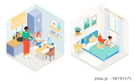 Kitchen and bedroom - flat design style illustration set Kitchen and bedroom - flat design style illustration set 98795475