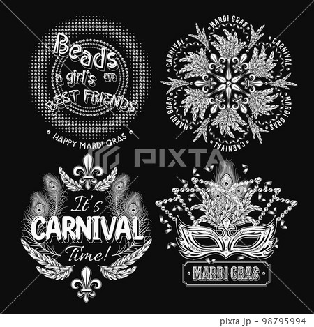 Set of 4 black and white labels with text for carnival Mardi Gras decoration in vintage style on black background. For prints, clothing, t shirt, holiday goods, stuff, surface design. 98795994