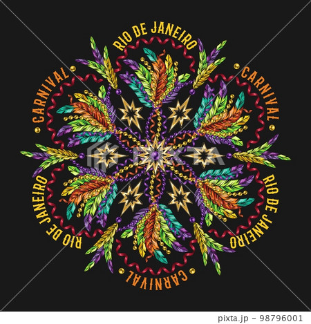 Round pattern like flower for Brazilian Carnival Rio de Janeiro. Streamer, ribbons, feathers, beads, text, golden stars. For prints, clothing, t shirt, plate, surface design. Vintage style Round pattern like flower for Brazilian Carnival Rio de Janeiro. Streamer, ribbons, feathers, beads, text, golden stars. For prints, clothing, t shirt, plate, surface design. Vintage style 98796001