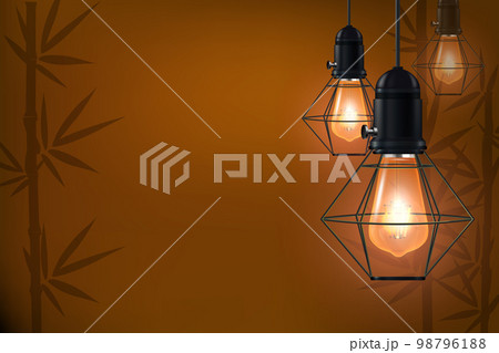 Realistic advertising banner vector template. Vintage incandescent lamps with heated filament in black metal trellis cage hanging from above illustration on bamboo shade background. Realistic advertising banner vector template. Vintage incandescent lamps with heated filament in black metal trellis cage hanging from above illustration on bamboo shade background. 98796188