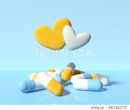 Pharmaceutical medicine capsules with hearts - Healthcare theme - 3D 98796270