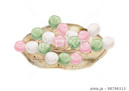 Watercolor hand drawn traditional Japanese sweets. Ceramic dish with three color dango. Isolated on white background. Design for invitations, restaurant menu, greeting cards, print, textile Watercolor hand drawn traditional Japanese sweets. Ceramic dish with three color dango. Isolated on white background. Design for invitations, restaurant menu, greeting cards, print, textile 98796313