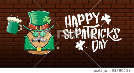Happy saint patricks day greeting horizontal banner with funky leprechaun rock star potato character with green particks hat, beer and text isolated on brick background. vegetable funky character 98796558