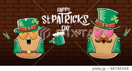 Happy saint patricks day greeting horizontal banner with funky leprechaun rock star potato character with green particks hat, beer and text isolated on brick background. vegetable funky character 98796568