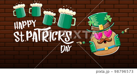 Happy saint patricks day greeting horizontal banner with funky leprechaun rock star potato character with green particks hat, beer and text isolated on brick background. vegetable funky character 98796573