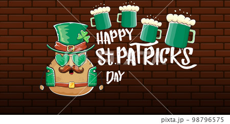 Happy saint patricks day greeting horizontal banner with funky leprechaun rock star potato character with green particks hat, beer and text isolated on brick background. vegetable funky character 98796575