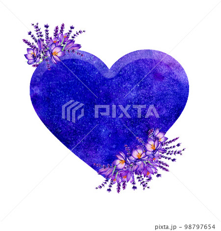 Blue Heart With Crocuses. Hand Drawn Illustration. Wedding Concept Blue Heart With Crocuses. Hand Drawn Illustration. Wedding Concept 98797654