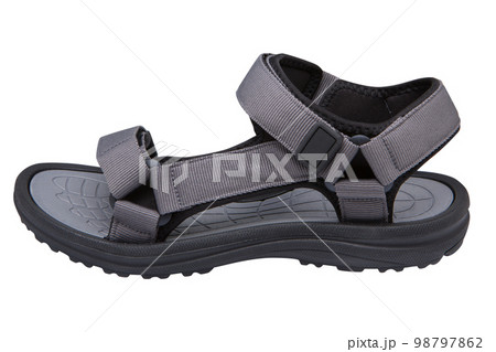 Men's gray summer sandals with straps, on a white background Men's gray summer sandals with straps, on a white background 98797862