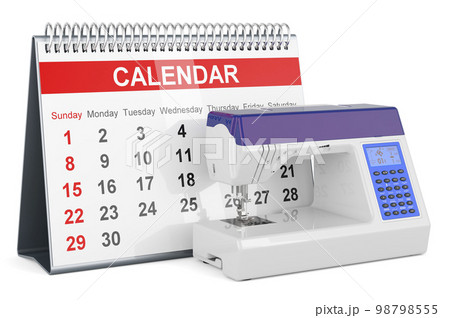 Desk calendar with sewing machine, 3D rendering Desk calendar with sewing machine, 3D rendering 98798555