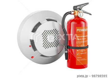 Fire and flame detector with fire extinguisher, 3D rendering 98798565