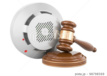 Fire and flame detector with wooden gavel, 3D rendering 98798569