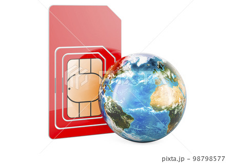 Global roaming and traveling concept. Sim card with Earth Globe, 3D rendering Global roaming and traveling concept. Sim card with Earth Globe, 3D rendering 98798577