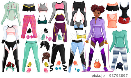 Workout Paper Doll with Beautiful Lady, Outfits, Hairstyles and Accessories. Vector Illustration Workout Paper Doll with Beautiful Lady, Outfits, Hairstyles and Accessories. Vector Illustration 98798897