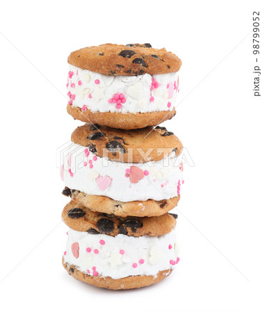 Sweet delicious ice cream cookie sandwiches isolated on white Sweet delicious ice cream cookie sandwiches isolated on white 98799052