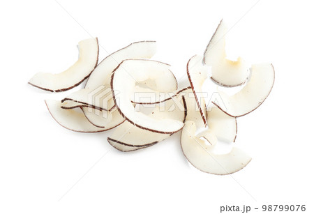 Pile of tasty coconut chips isolated on white Pile of tasty coconut chips isolated on white 98799076