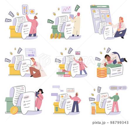Set of people analyzing personal or corporate budget. Concept of finance accounting and calculation Set of people analyzing personal or corporate budget. Concept of finance accounting and calculation 98799343