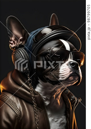 Boston Terrier dog in baseball hat and aviator jacket with headphones 98799705
