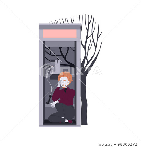 Loneliness with Lonely Man Character Sitting in Phonebooth Feeling Depression and Sadness Vector Illustration 98800272