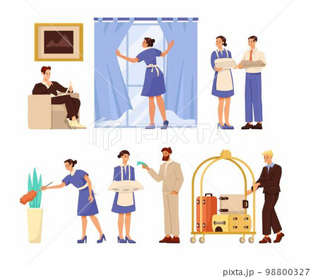 Hotel Guests and Employees with Porter Pushing Trolley with Suitcase and Maid Cleaning Room Vector Set Hotel Guests and Employees with Porter Pushing Trolley with Suitcase and Maid Cleaning Room Vector Set 98800327