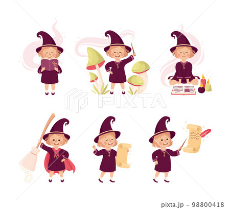 Little Girl Witch Wearing Purple Dress and Pointed Hat Vector Set Little Girl Witch Wearing Purple Dress and Pointed Hat Vector Set 98800418