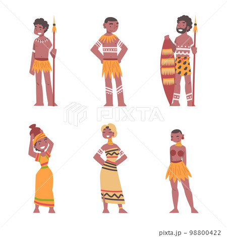 Barefoot African Aboriginal Man and Woman Character Dressed in Traditional Tribal Clothing with Vase and Spear Vector Set 98800422