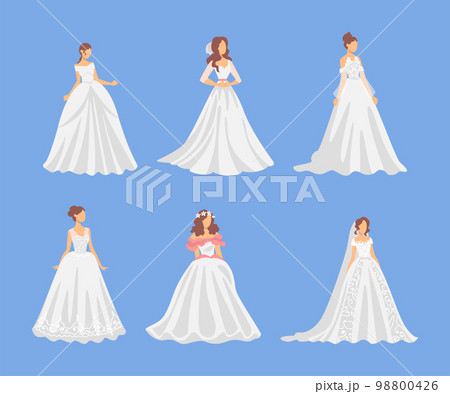 Bride in White Wedding Dress Standing as Newlywed or Just Married Female on Blue Background Vector Set 98800426