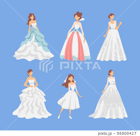 Bride in White Wedding Dress Standing as Newlywed or Just Married Female on Blue Background Vector Set 98800427