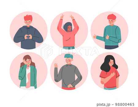 Smiling Male and Female Showing Positive Hand Gesture in Circular Frame Vector Set 98800465