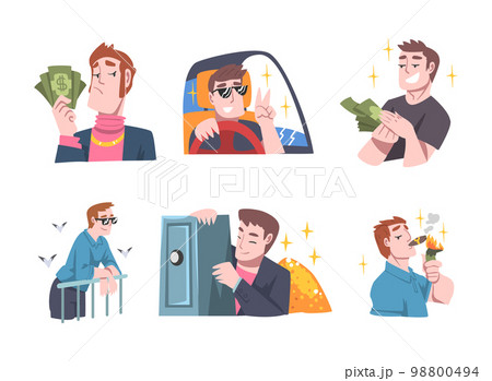Rich and Wealthy Man Characters Having Abundance of Financial Assets Rolling in Cash Vector Illustration Set Rich and Wealthy Man Characters Having Abundance of Financial Assets Rolling in Cash Vector Illustration Set 98800494