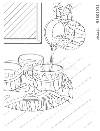 Cups and jug. Vector anti-stress coloring in sketch style. Cups and jug. Vector anti-stress coloring in sketch style. 98801051