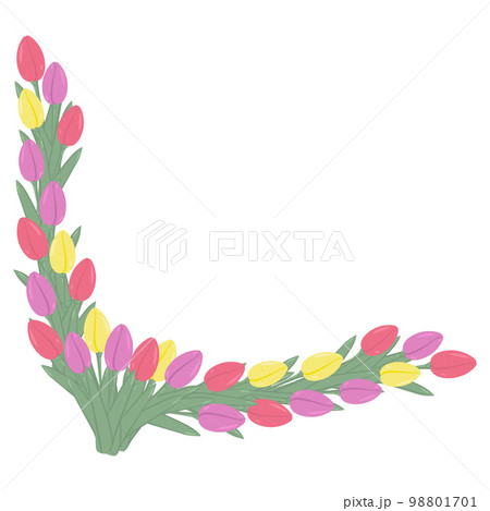 Abstract corner floral frame of colorful blooming tulips shaped into a pigtail in trendy pale hues 98801701