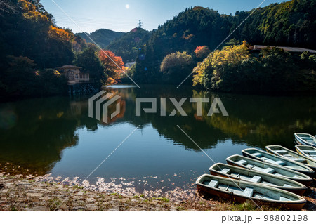 青空の下の鎌北湖と紅葉 98802198