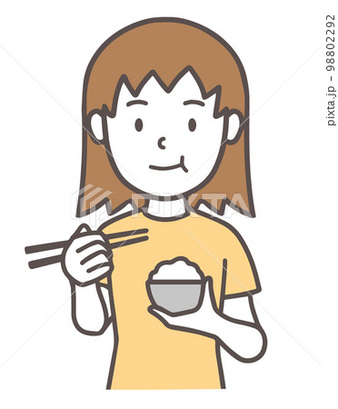 お茶碗を持って、ご飯を食べる女性、シンプル 98802292