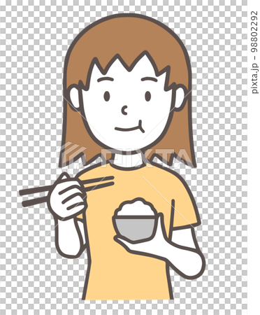 A woman holding a bowl and eating rice, simple 98802292