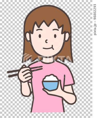 A woman holding a bowl and eating rice 98802293