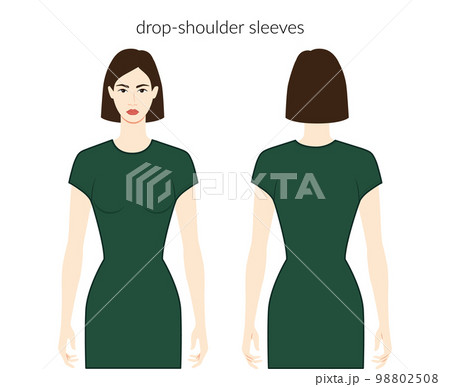 Drop-shoulder sleeveless clothes character beautiful lady in emerald top, shirt, dress technical fashion illustration Drop-shoulder sleeveless clothes character beautiful lady in emerald top, shirt, dress technical fashion illustration 98802508
