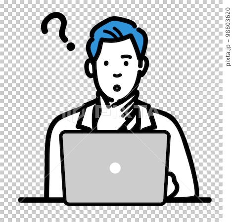 A young male doctor wearing a white coat thinking in front of a laptop 98803620