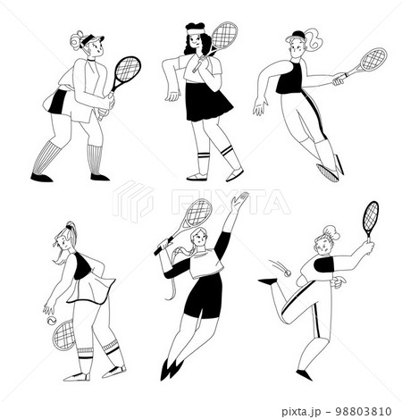 Set of tennis players with rackets in sportswear in different poses during the game in line art. Set of tennis players with rackets in sportswear in different poses during the game in line art. 98803810