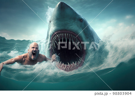 Shark attacks man in water, open mouth with great teeth, horror, generative AI 98803904