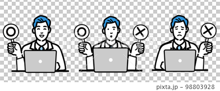 A set of a young male doctor in a white coat holding a Marubatsu tag in front of a laptop A set of a young male doctor in a white coat holding a Marubatsu tag in front of a laptop 98803928