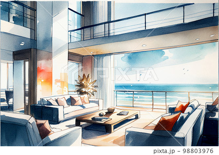 水彩画　海が見えるリビングルーム　AI画像 98803976