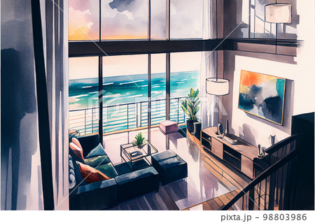 水彩画　海が見えるリビングルーム　AI画像 98803986