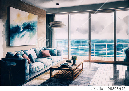 水彩画　海が見えるリビングルーム　AI画像 98803992